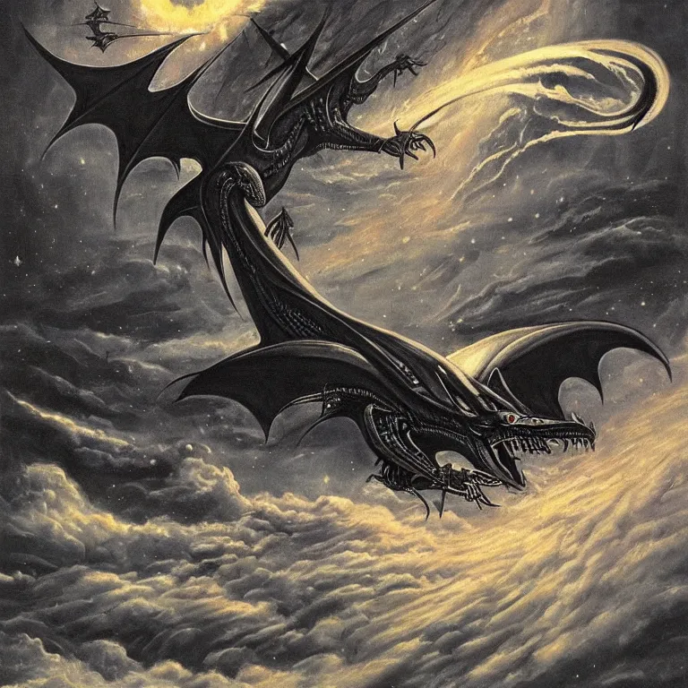 Image similar to painting by h. r. giger, menacing dragon soaring above the clouds, blackhole sun, dark undertones, exodus of the stars