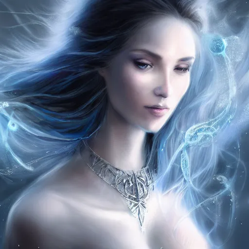 Image similar to masterpiece portrait of a beautiful mage woman, ice spell, 3 0 years woman, soft realistic thin appealing face, light eyes, black dynamic hair, wearing silver diadem, blue gems inlays, silver necklace, digital painting by wlop, luis royo, atmospheric effects, chaotic blue sparks dynamics background, intricate, artstation, fantasy