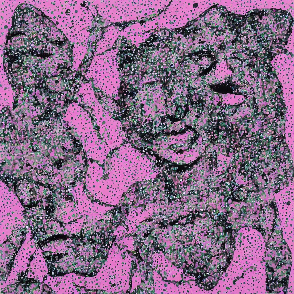 Image similar to camo made of out teeth, smiling, abstract, maya bloch artwork, pink convertible, do hoang tuong artwork, cryptic, dots, stipple, lines, splotch, concrete, color tearing, pitch bending, faceless people, tribal, dark, ominous, eerie, minimal, points, technical, painting