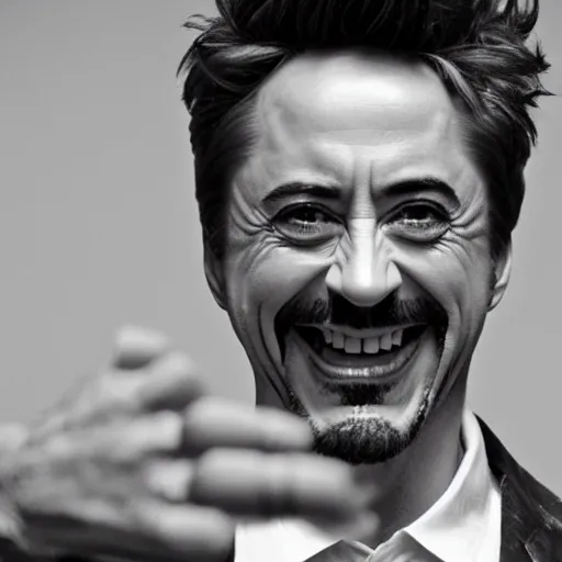 Prompt: B&W outtake of Robert Downey Junior laughing as iron man (2008) 35mm getty