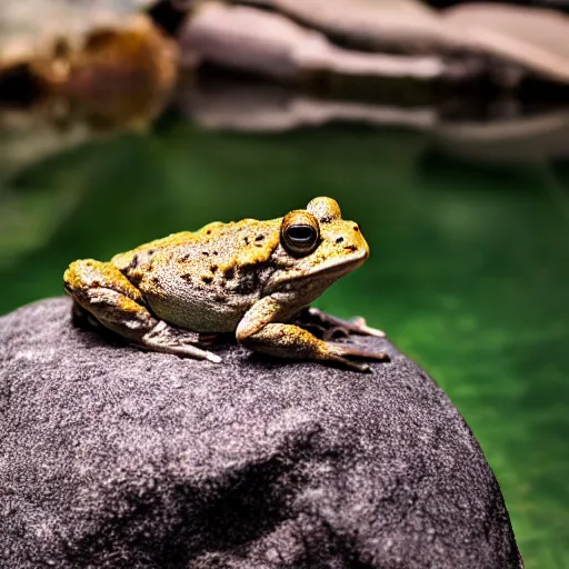 Prompt: photo of a toad sitting on a rock in a pond, 4 k, photorealistic