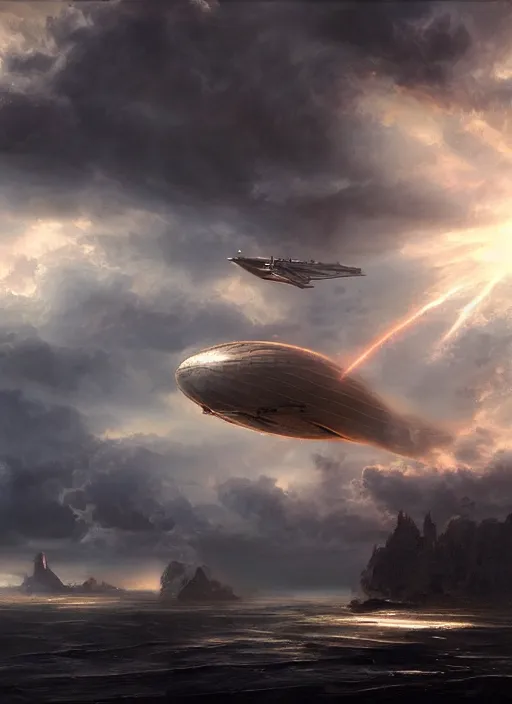 Image similar to airship flying through the clouds, volumetric light rays painted by raymond swanland