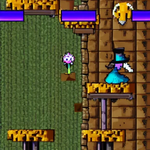 Prompt: Screenshot of a game boy advance platforming game featuring a witch