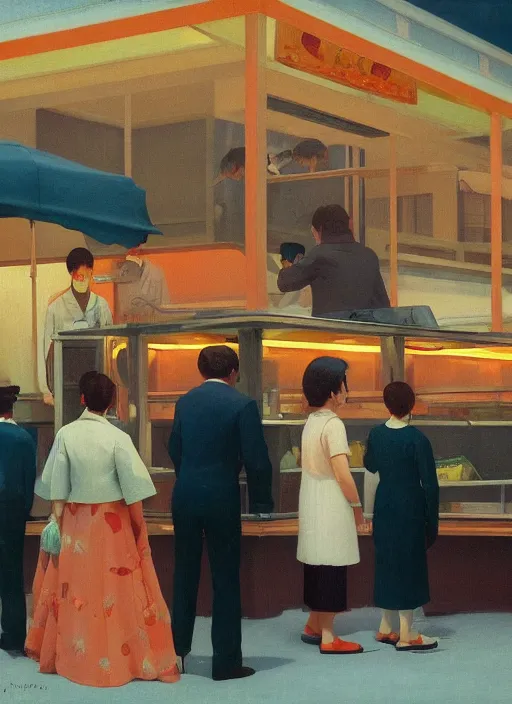Image similar to crowd around ice cream cart in Tokyo Edward Hopper and James Gilleard, Zdzislaw Beksinski highly detailed