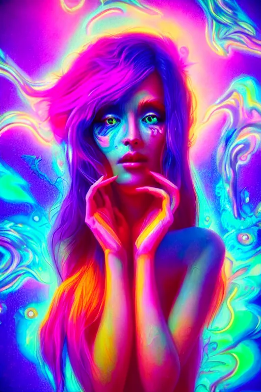 Image similar to a beautiful girl engulfed in colorful liquid smoke and neon clouds, a colorful psychedelic experience, psilocybin, dmt, lsd, face, highly detailed, artstation, concept art, sharp focus, by hana yata, and artem demura and beeple, lisa frank, shannon maer, octane render, unreal engine, 8 k