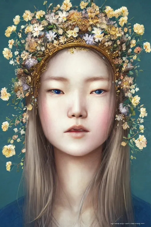 Image similar to a pale Japanese girl with golden hair, floral crown, sad blue eyes, cinematic lighting, ultra detailed, highly detailed, sharp focus, golden background with flowers, golden jewellery with blue sapphires, photographic, art by artgerm and greg rutkowski and zdislav beksinski