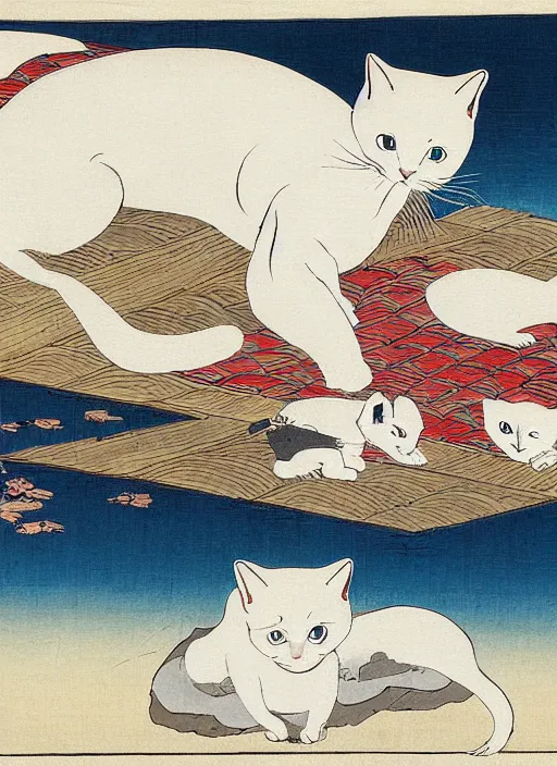 Image similar to whitecat with 2 baby white cats of utagawa hiroshige, digital painting 4 k uhd image, highly detailed