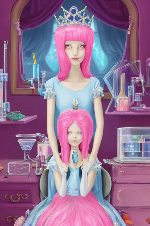 Prompt: highly detailed, profile portrait of beautiful cute adult princess bubblegum from adventure time, experimenting in her science lab, wearing lab coat, bubblegum hair with long bangs, single thin ring tiara with a sapphire gem, depth of field, illustration, concept art by nicoletta ceccoli, mark ryden, lostfish, detailed and intricate environment, 8 k resolution, hyperrealistic, octane render