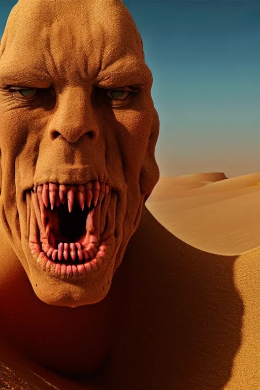 Prompt: hyperrealistic close - up monster! in dunes highly detailed concept art eric zener elson peter cinematic hard yellow lighting high angle hd 8 k sharp shallow depth of field, inspired by david paul cronenberg and zdzisław beksinski