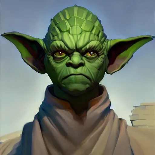 Image similar to greg manchess portrait painting of armored yoda as overwatch character, medium shot, asymmetrical, profile picture, organic painting, sunny day, matte painting, bold shapes, hard edges, street art, trending on artstation, by huang guangjian and gil elvgren and sachin teng