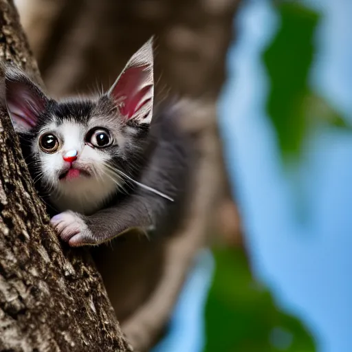 Image similar to a bat kitten, in a tree, Canon EOS R3, telephoto, very detailed, 4k