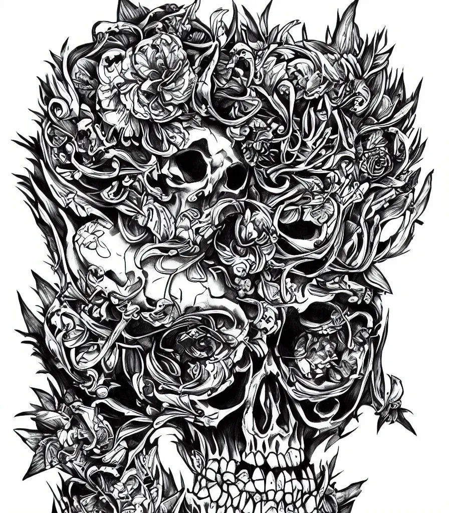 Image similar to highly detailed skull, Japanese ornament, tattoo ink sketch, isolated on white background