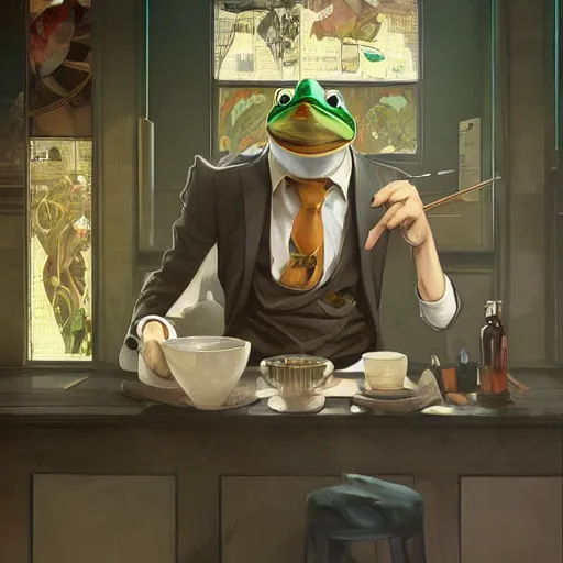 Image similar to Frog wearing business casual attire sitting in a bar and eating a bowl full of flies, digital painting, detailed, artstation, Krenz Cushart, Greg Rutkowski, Alphonse Mucha, Artgerm