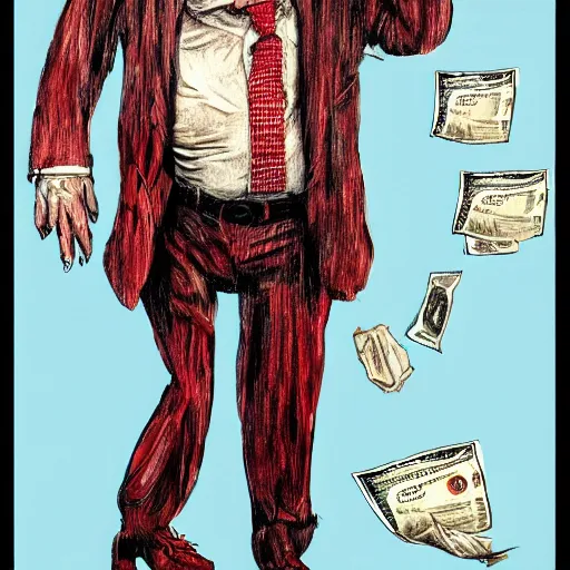 Image similar to George Soros full body shot, dollar bills Body horror, biopunk, by Ralph Steadman, Francis Bacon, Hunter S Thompson