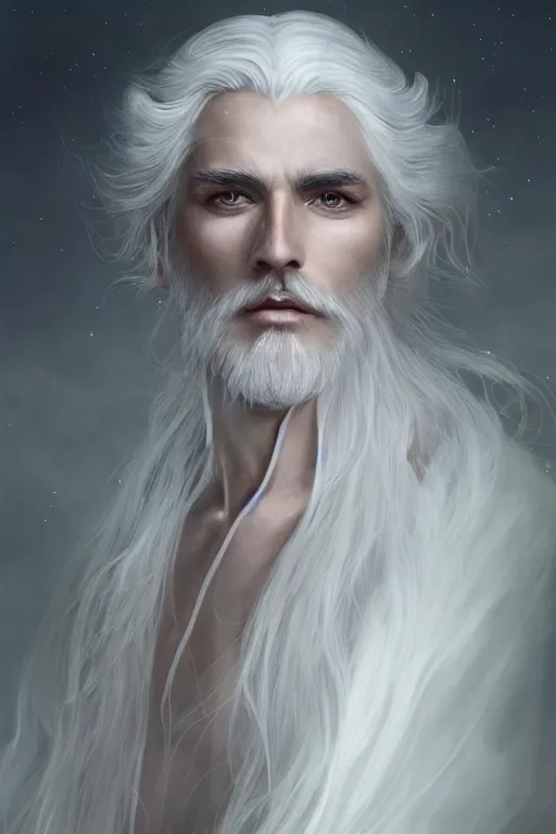 Image similar to white haired robe fu xi full male front body portrait, distant view, very long white beard and hair, long hair shawl, fine kindness delicate prefect face features gaze, piercing eye, elegant, style of tom bagshaw, cedric peyravernay, peter mohrbacher, victo nga, 4 k hd illustrative wallpaper, animation style, chinese style