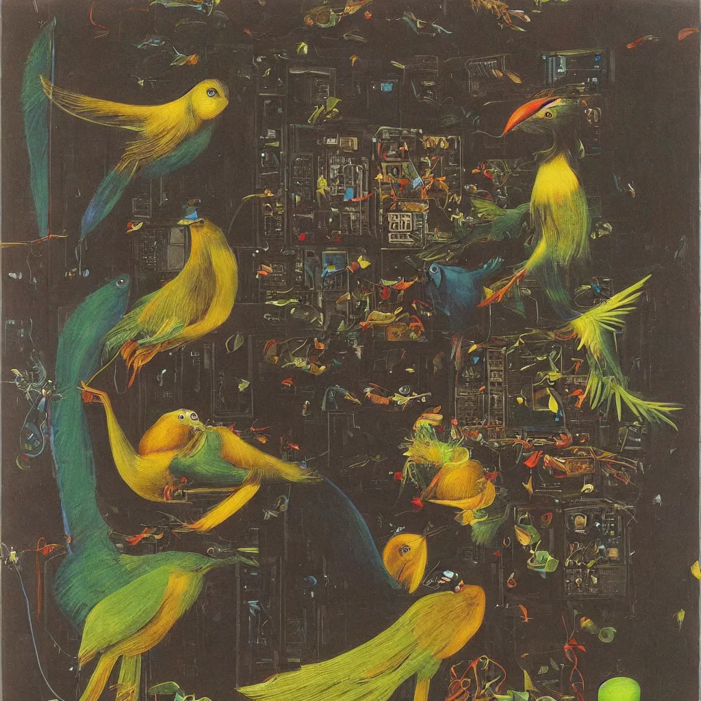 Prompt: beautiful exotic melancholy bird with glowing moth and computer in datacenter. Max Ernst