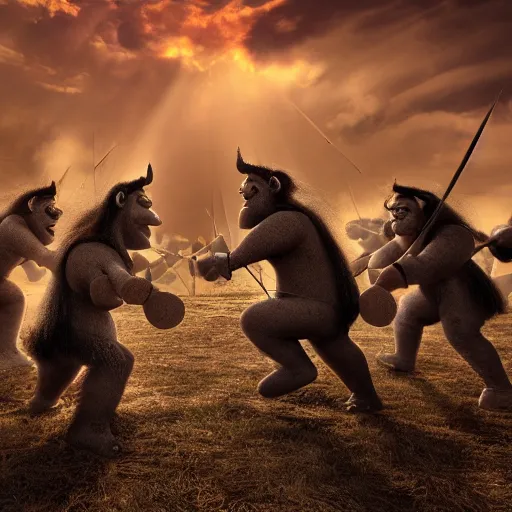 Image similar to action scene of trolls fighting against knights, still from a movie by stanley kubrik, cinematic, hyperreal, intense, highly textured, wide angle, insanely detailed, god rays, 3 5 mm, shallow depth of field