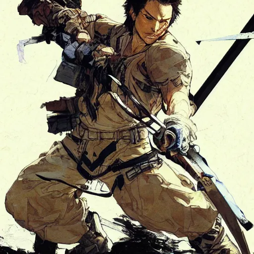 Image similar to portrait of a hero holding his sword in front of his face by yoji shinkawa, high quality, extra details, realism, ornate, colored, golden chain, blood, white skin, short hair, brown eyes, vivid, sunlight, dynamic, american man, freedom, white american soldier