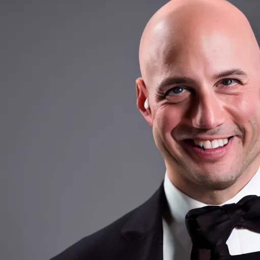 Image similar to a bald man wearing a black suit with a red tie smiling and looking at the camera ( greatly detailed, still frame shot, photo realistic, high quality photo, hyperrealistic and uhd )