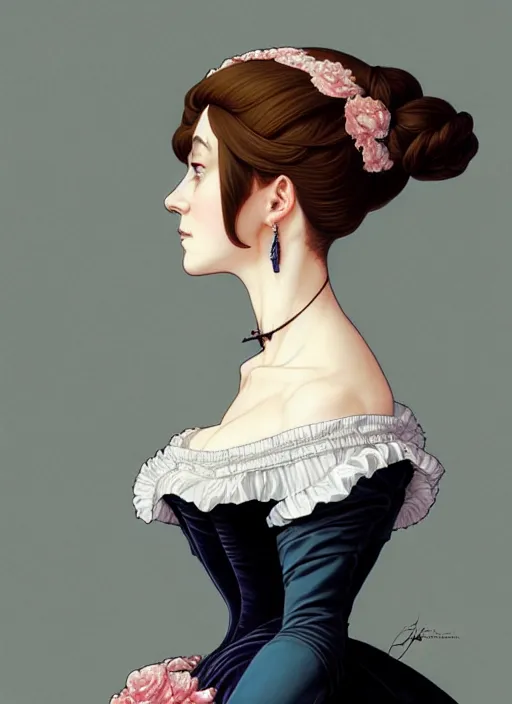 Image similar to 3 / 4 view of a portrait of woman in victorian clothing, confident pose, intricate, elegant, sharp focus, illustration, highly detailed, concept art, matte, trending on artstation, anime, art by james jean and artgerm and brian despain, ilya kuvshinov, strong strokes,