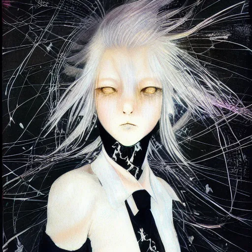 Image similar to Yoshitaka Amano realistic illustration of an anime girl with white hair and cracks on her face wearing dress suit with tie, abstract black and white patterns on the background, noisy film grain effect, highly detailed, Renaissance oil painting