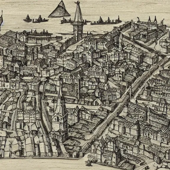 Image similar to medieval town with ports and road, map, technical drawing, intricate detailed schematic, diagram, manuscript