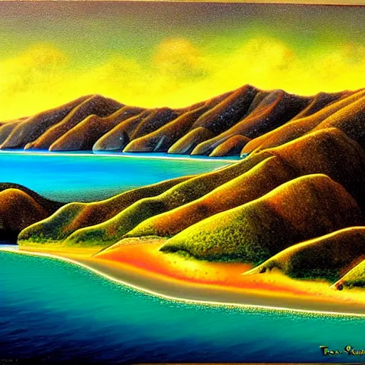 Prompt: tata islands, golden bay abel tasman new zealand, highly detailed, highly detailed fantasy ethereal surrealist art