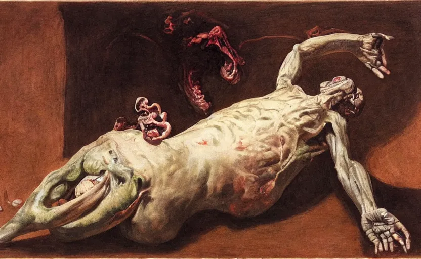 Prompt: a teratoma in the middle of a museum room realizing that he has consciousness his misshapen face expresses horror painted by edward hooper and goya and francis bacon