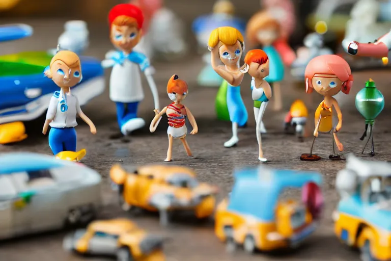 Image similar to miniature figurines of the jetsons, tilt shift, product photography