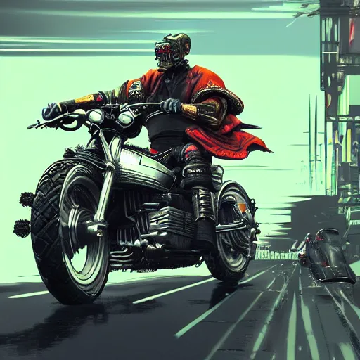 Prompt: extremely detailed realistic render of a cyberpunk samurai riding a motorcycle by James Jean, carig mullins and Syd mead perspective shot ArtStation, CGSociety -9