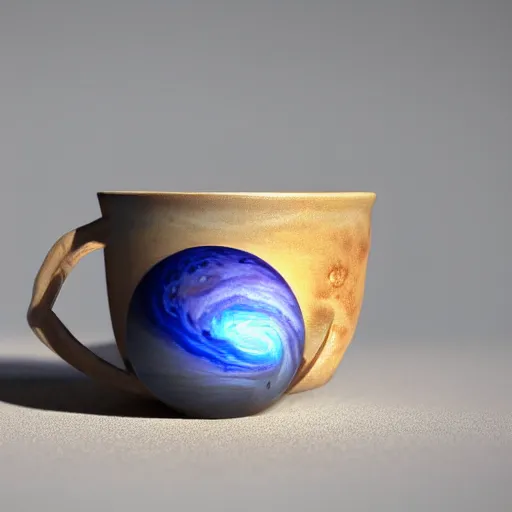 Image similar to a teacup containing a planet Jupiter as a boiling liquid, hyper realistic