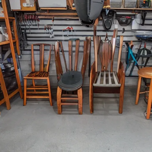 Image similar to three chairs and five spoons in a garage