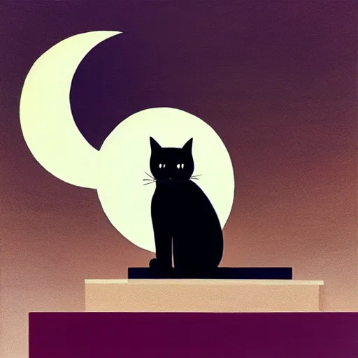 Image similar to “A black cat on top of a building at night with a full moon in the style of Vincent Van Vogh”