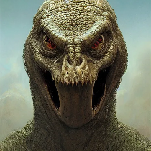 Image similar to vladimir putin, anthropomorphic bald prehistoric reptile, putin chimera, toothless, horror, macabre by donato giancola and greg rutkowski and wayne barlow and zdzisław beksinski, realistic face, digital art