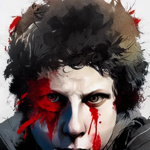 Image similar to portrait of Michael Cera with an angry expression, blood covering his face, wearing a leather jacket, dramatic lighting, illustration by Greg rutkowski, yoji shinkawa, 4k, digital art, concept art, trending on artstation