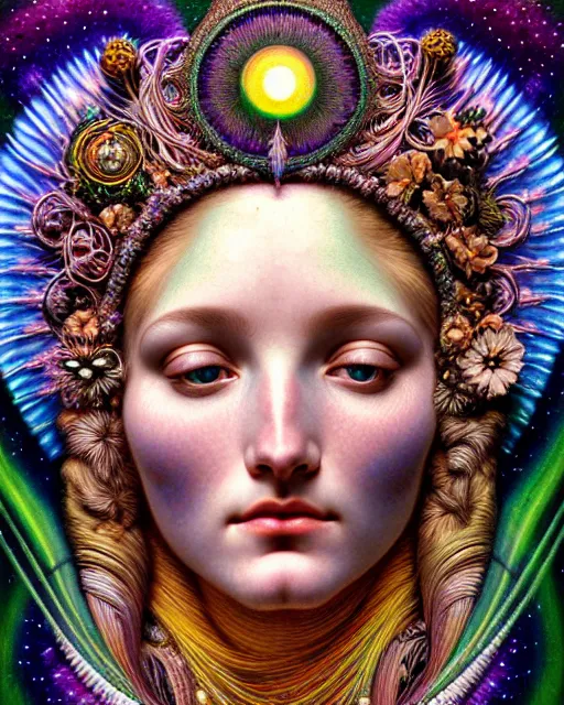 Image similar to hyperrealistic detailed face portrait of the beautiful goddess of the northern lights with an intricate headgear of a beautiful landscape, art by ernst haeckel, john william godward, android jones, alphonso mucha, h. r. giger, gothic - cyberpunk, ornamental, beautiful deep colours,