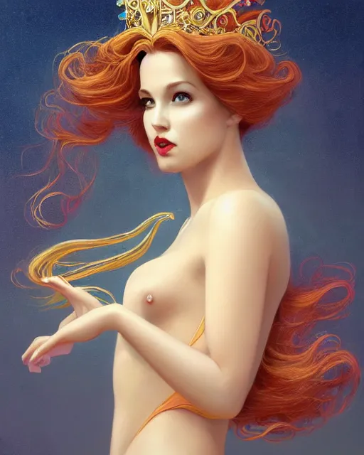 Image similar to a beautiful goldfish woman, pinup pose, long hair, tall and thin, wearing dozens of pendants and a gown of gold, small delicate crown of the sea on her head, illustration, symmetry accurate features, volumetric light clouds, ultra realist soft painting, (art nouveau), octane render, 8k, HD, by Tom Bagshaw, Brom, Charlie Bowater, faces by otto schmidt