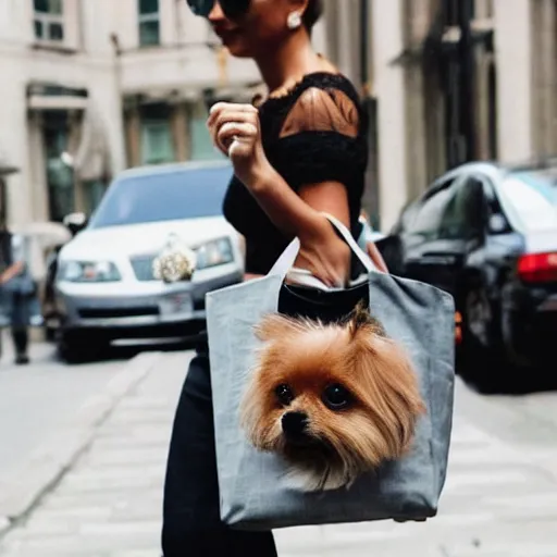 Image similar to A small dog in a fancy tote bag, fashion, vogue, magazine cover, celebrity, paparazzi, street