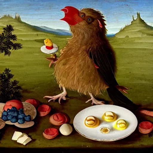 Prompt: a goblin bird with a plate of eggs and cookies, renaissance painting,