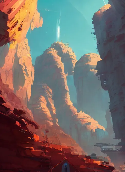 Prompt: canyon with giant gate, nuclear powered, detailed, futuristic, cory loftis, james gilleard, atey ghailan, makoto shinkai, goro fujita, studio ghibli, rim light, exquisite lighting, clear focus, very coherent, plain background