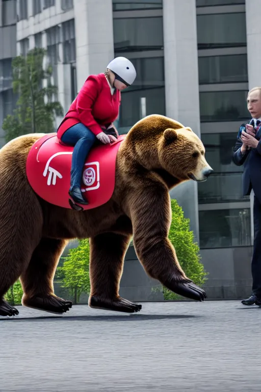 Image similar to a picture of putin ride robotic bear in moscow. - photorealistic, elegant, confident posse, denoise image, pullitzer winning, taken with canon eos 5 d mark iv, versatile, lens interoperability, autofocus, 4 k uhd video capture at 3 0 fps, 8 k time - lapse functions, by karah mew, jodie bateman