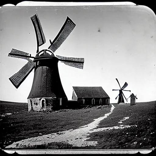 Prompt: worshippers dressed in robes belonging to the cult of the windmill. Dilapidated 1800s windmill. Old windmill. 1800s photo.