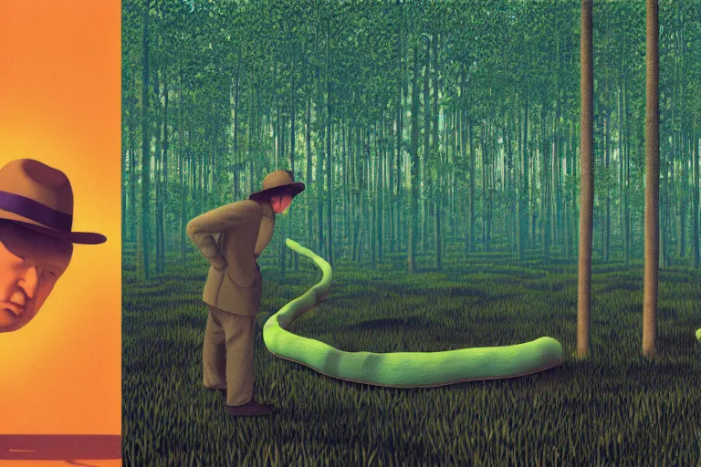 Image similar to snake oil researcher digging through the dense swamps of Formosa, painting by René Magritte, 3D render by Beeple, sketch by R. Crumb