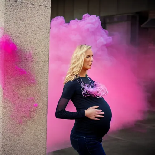 Image similar to a beautiful blonde pregnant woman, in front of 9 / 1 1 with pink smoke, 1 2 0 mm, clear details, award winning