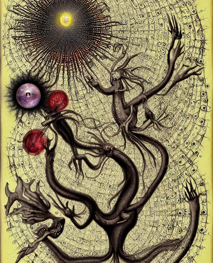 Image similar to whimsical freaky creature sings a unique canto about'as above so below'being ignited by the spirit of haeckel and robert fludd, breakthrough is iminent, glory be to the magic within, painted by ronny khalil