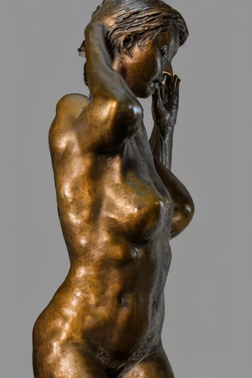 Image similar to detailed photo of a famous old bronze patina statue of woman, various poses, photorealism, intricate detail, some light reflexions, museum diffuse lighting