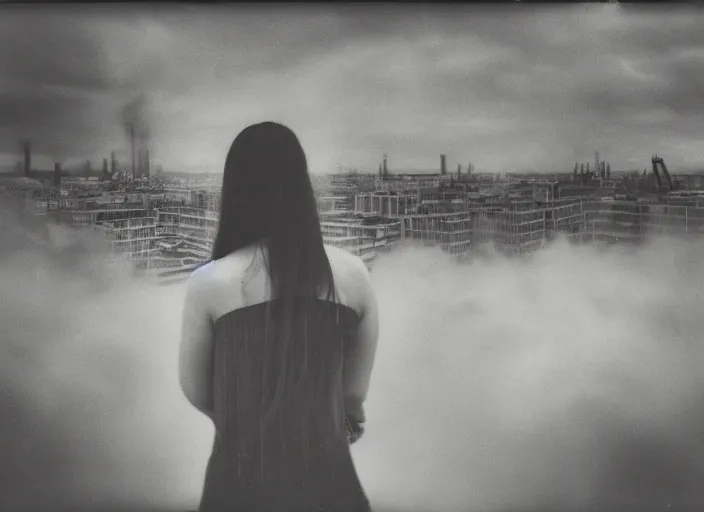 Image similar to mysterious sad girl wrapped in smoke observing a big industrial city metropoli in the distance, cloudy sky, polaroid artistic photo