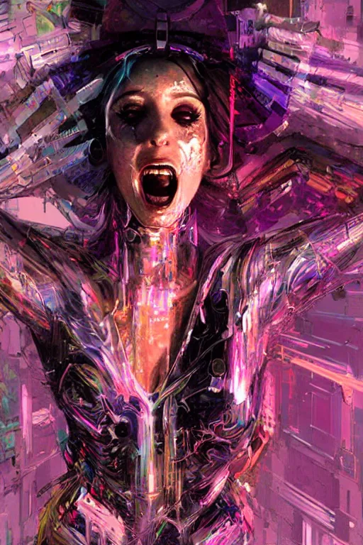 Prompt: portrait, headshot, digital painting, an beautiful techno - witch lady in circuit electronic mask, screaming in rage, pearlescent, synthwave, glitch, fracture,, realistic, hyperdetailed, chiaroscuro, concept art, art by john berkey