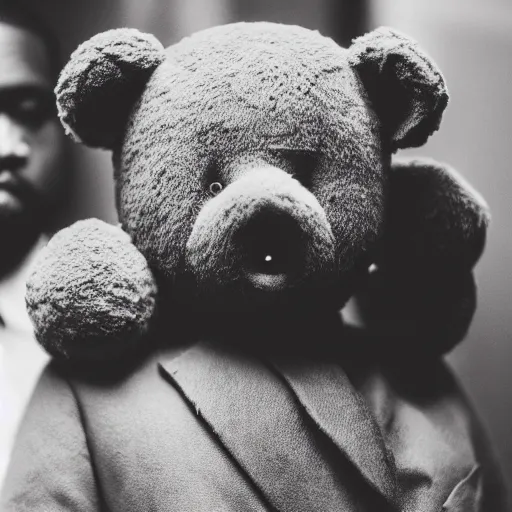Image similar to Portrait studio photograph of Kanye West standing beside of a anthropomorphic teddy bear, close up, shallow depth of field, in the style of Felice Beato, Noir film still, 40mm