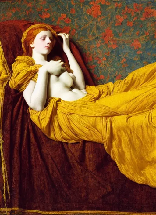 Image similar to masterpiece portrait of lady reclining on bed, flowing cloth floating in the wind, wearing yellow ochre ornate medieval dress, vertical, foreshortening, colour photography by frederic leighton, william morris, 8 k